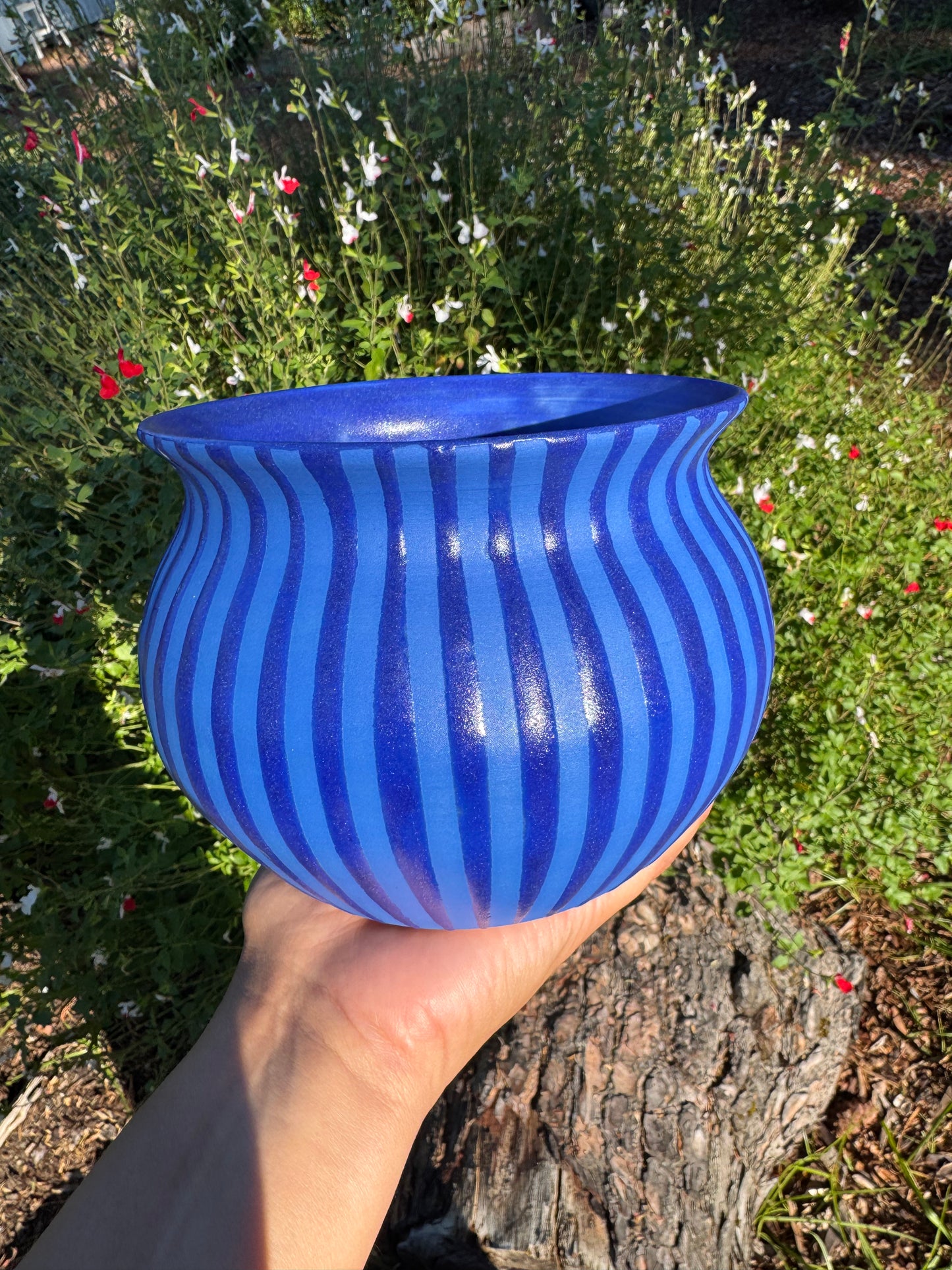 Tonal Blue on Blue Striped Vase / Utensil Crock