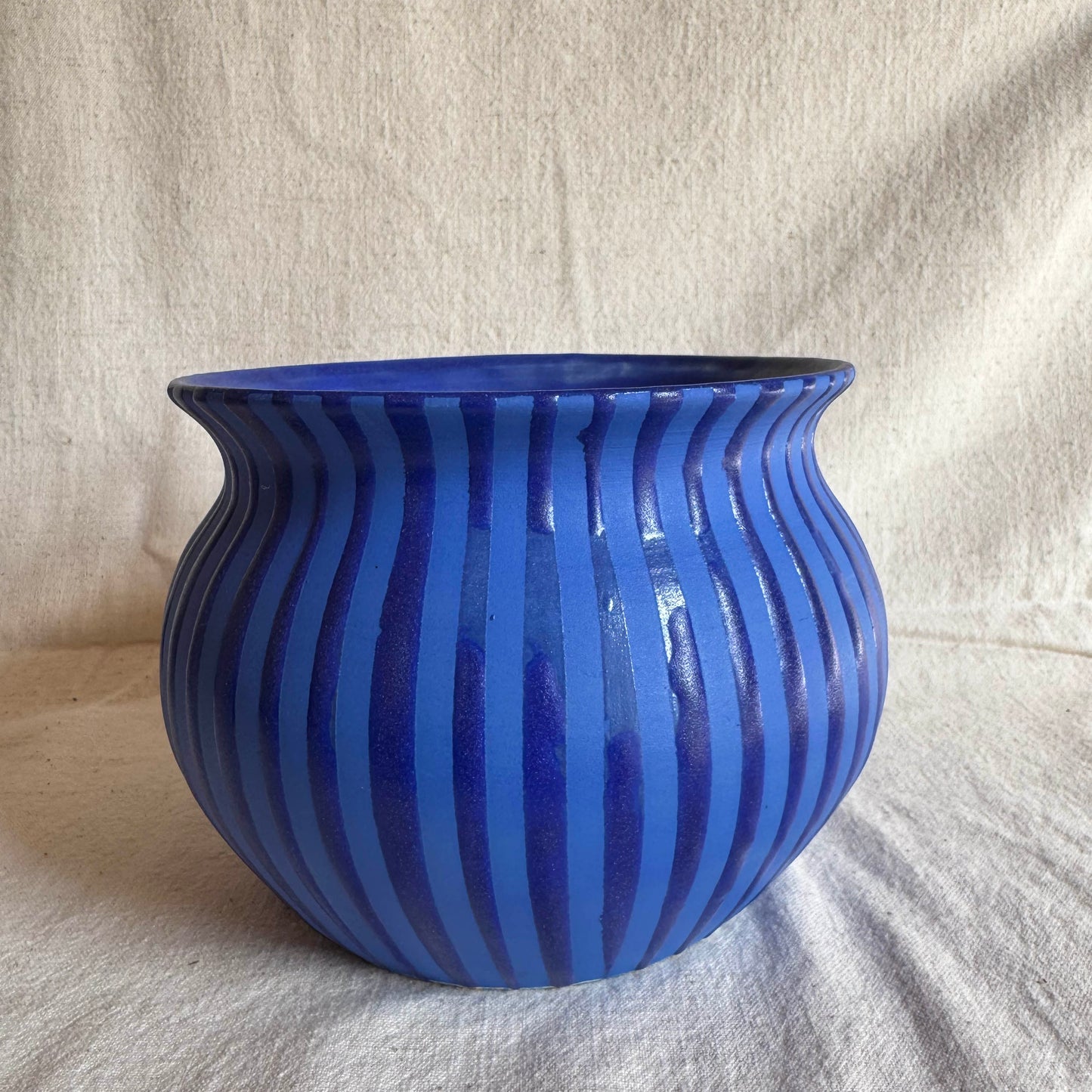 Tonal Blue on Blue Striped Vase / Utensil Crock