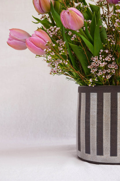 Dark Raw Clay and Off-White Striped Vase / Utensil Crock