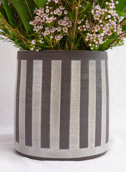 Dark Raw Clay and Off-White Striped Vase / Utensil Crock
