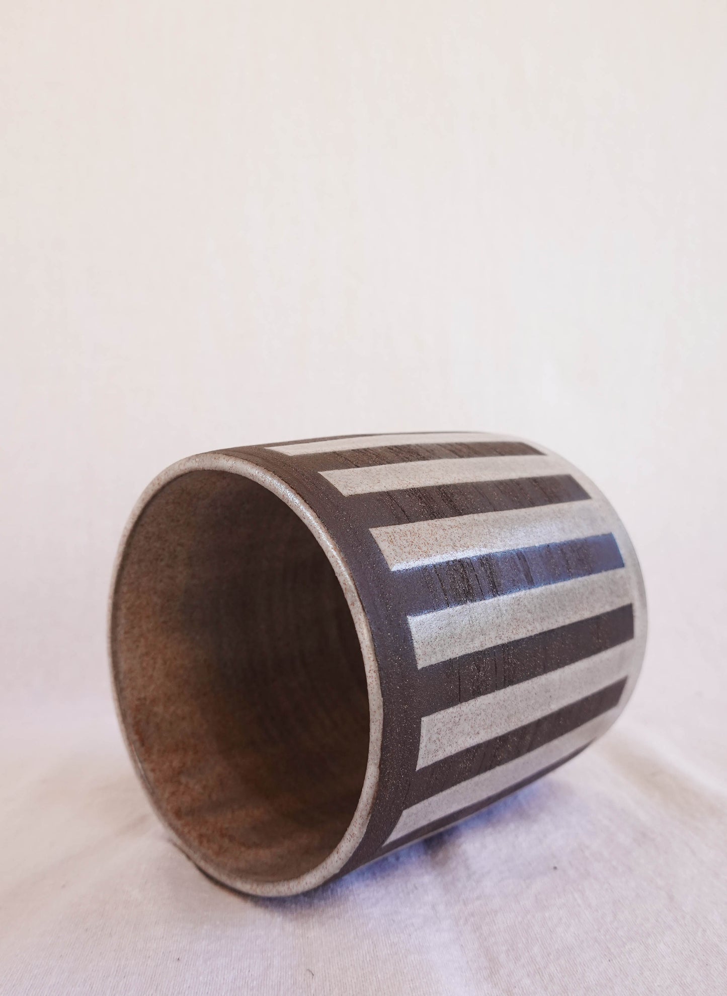 Dark Raw Clay and Off-White Striped Vase / Utensil Crock