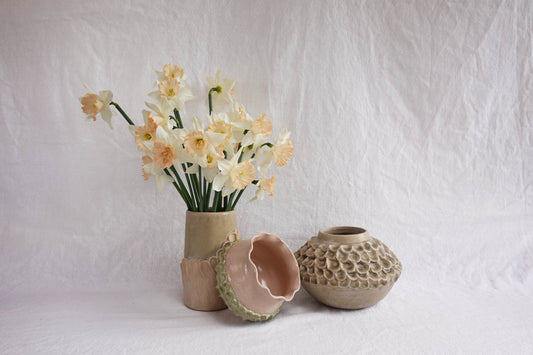 Scalloped Green and Blush Pink Ruffle Vase