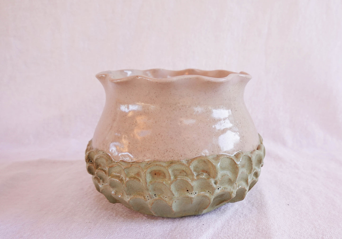 Scalloped Green and Blush Pink Ruffle Vase