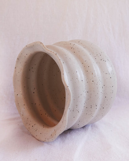 Ruffle Rim speckled white vase / Utensil Crock