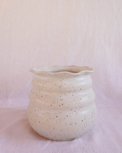 Ruffle Rim speckled white vase / Utensil Crock